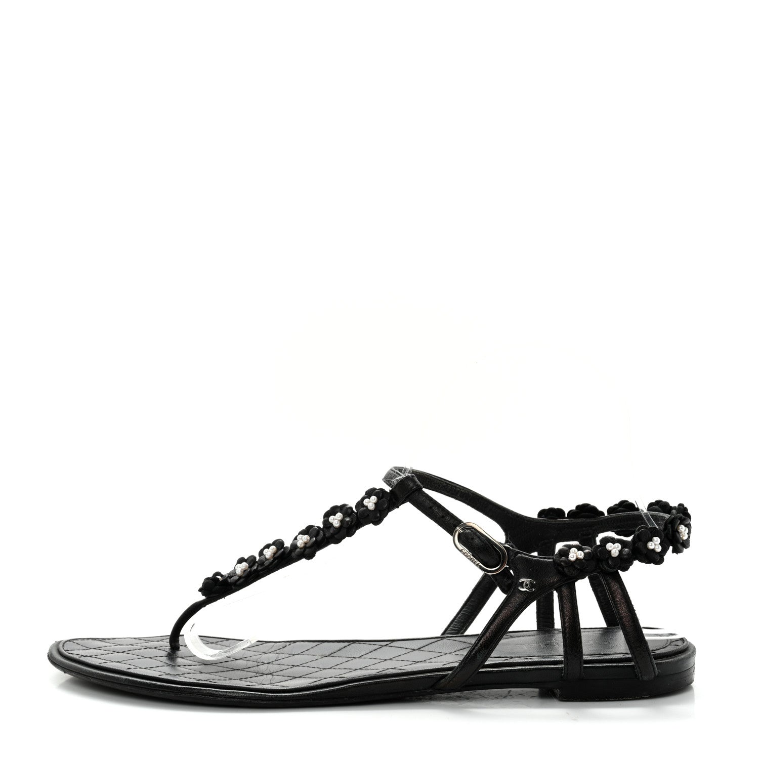 Chanel Lambskin Pearl Camellia Thong Sandals 41.5 Black 1 of 10