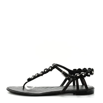 Chanel Lambskin Pearl Camellia Thong Sandals 41.5 Black 1 of 10