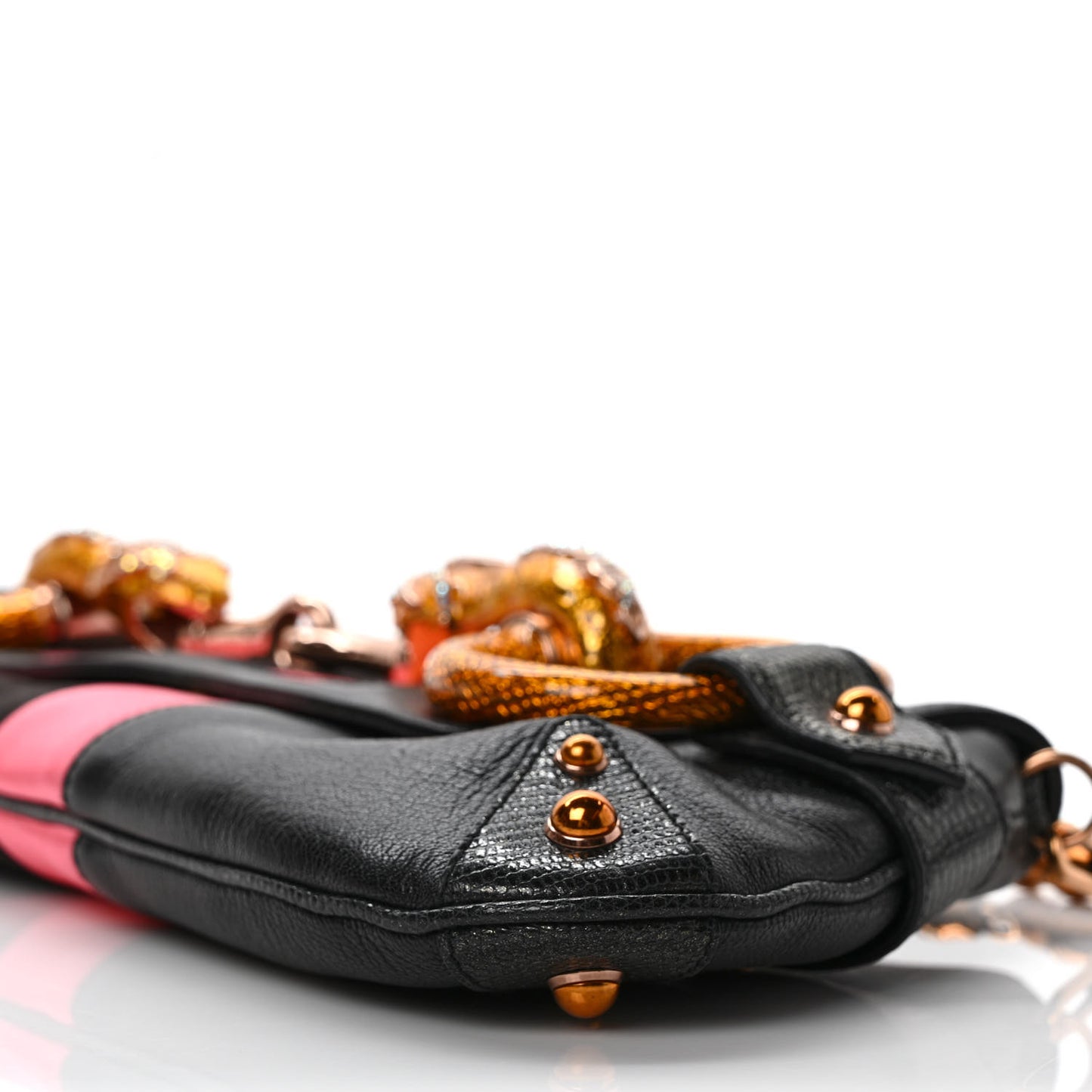 Calfskin Lizard Satin Studded Crystal Horsebit Clutch Pink Black