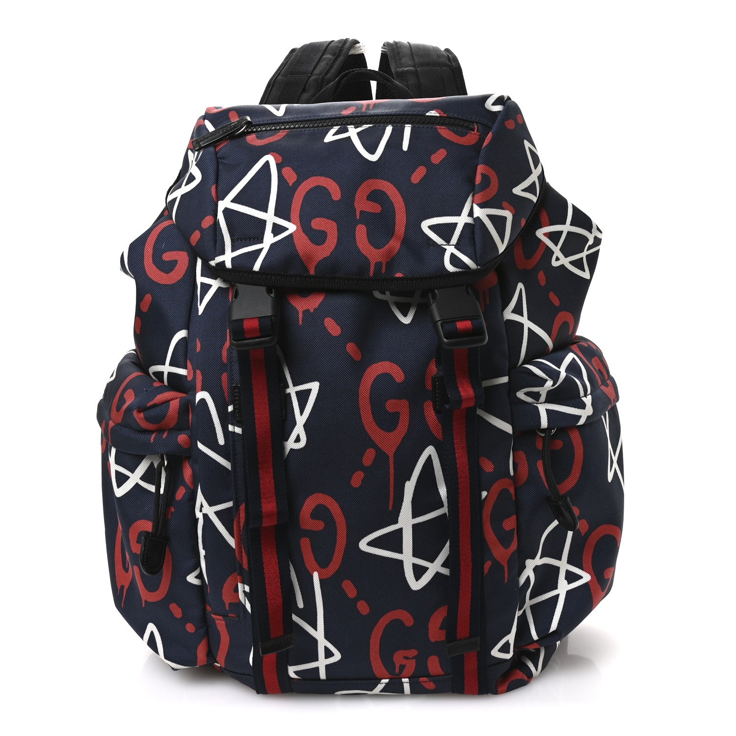Gucci Techno Canvas GucciGhost Double Buckle Backpack Blue Agata Hibiscus Red 1 of 10