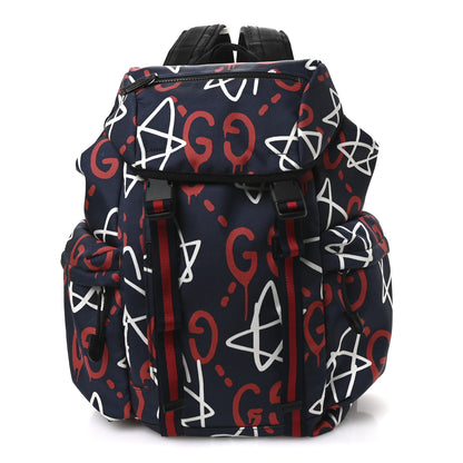 Gucci Techno Canvas GucciGhost Double Buckle Backpack Blue Agata Hibiscus Red 1 of 10