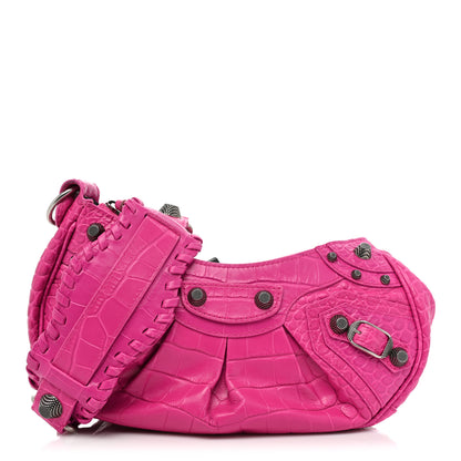 Balenciaga Extra Supple Calfskin Crocodile Embossed XS Le Cagole Shoulder Bag Lipstick Pink 1 of 12