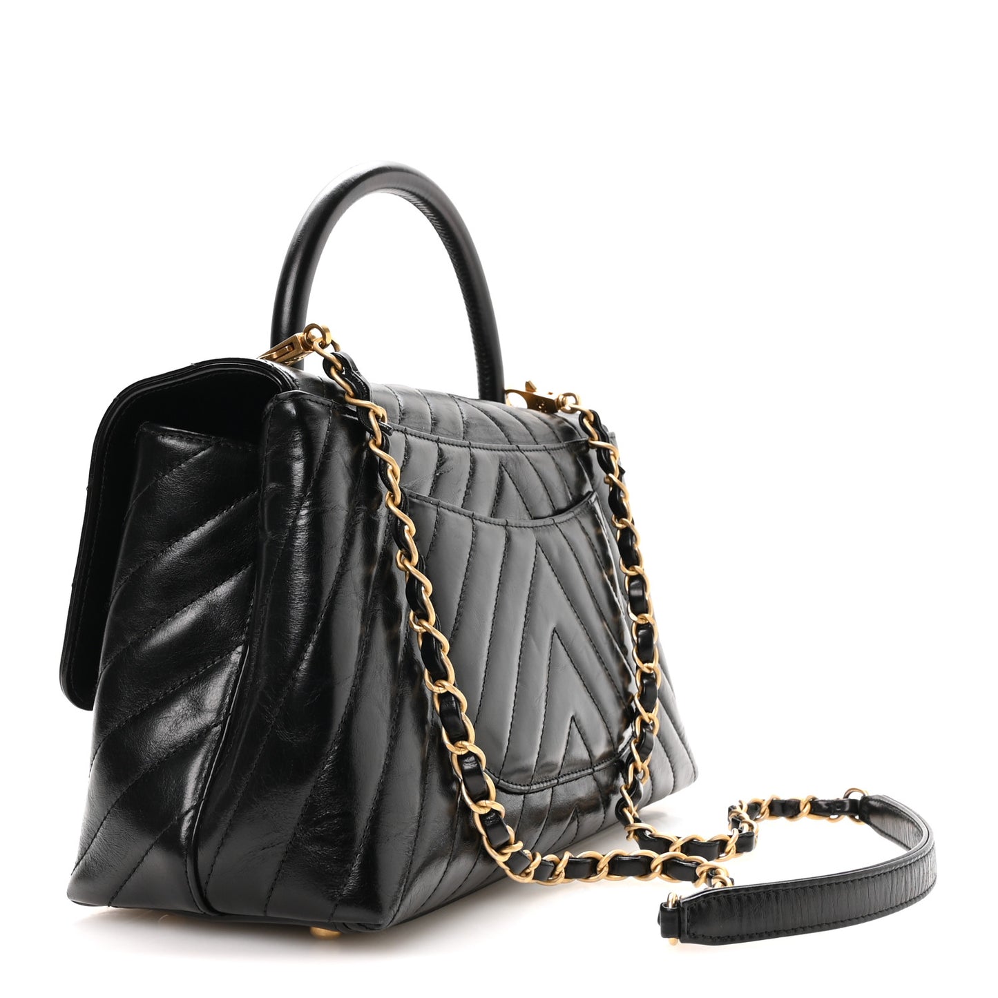 Aged Calfskin Chevron Quilted Small Coco Handle Flap Black