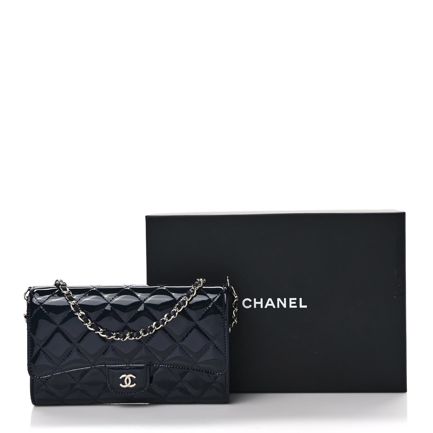 Patent Quilted Wallet On Removable Chain Navy Blue