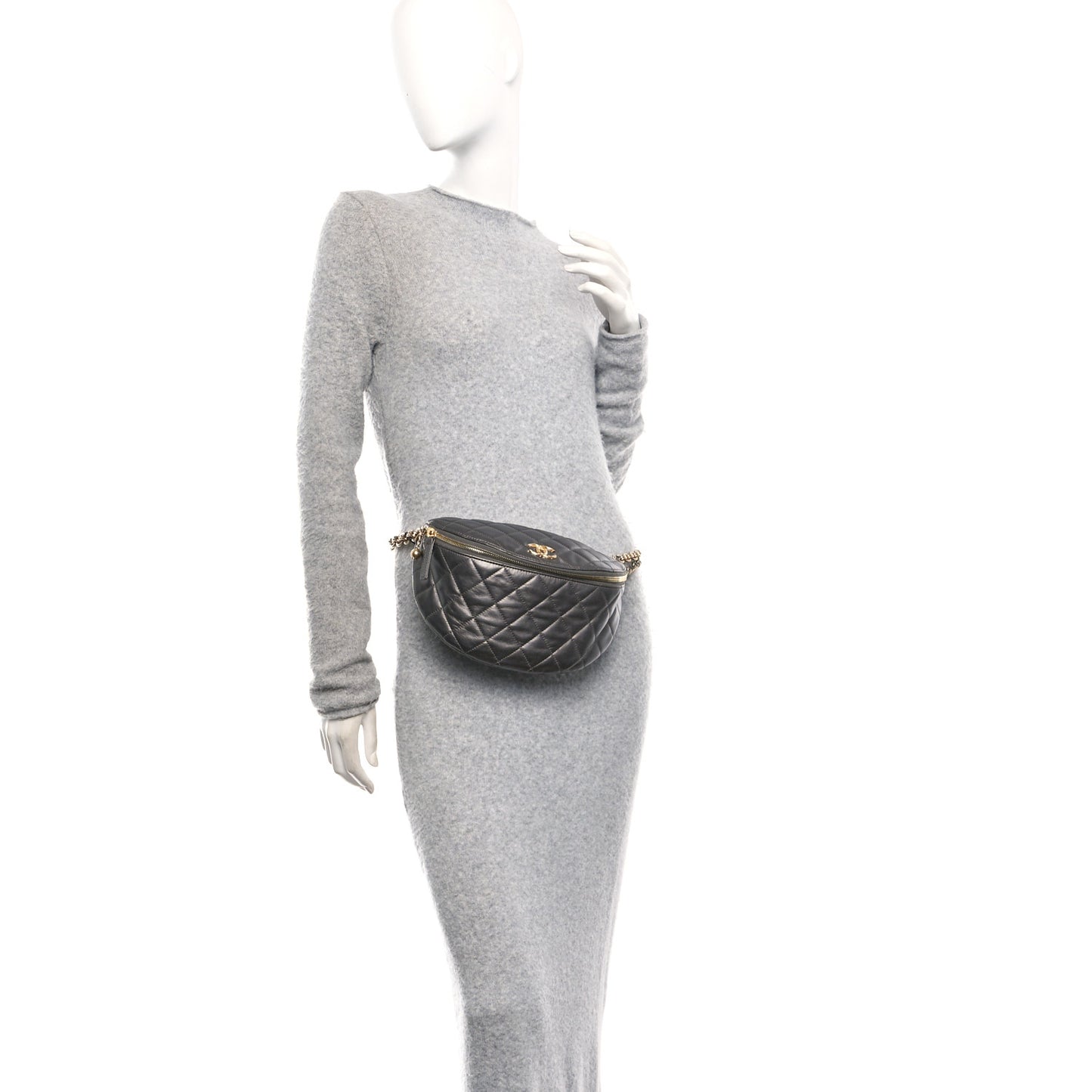 Metallic Calfskin Pearl Quilted CC Belt Bag Ruthenium