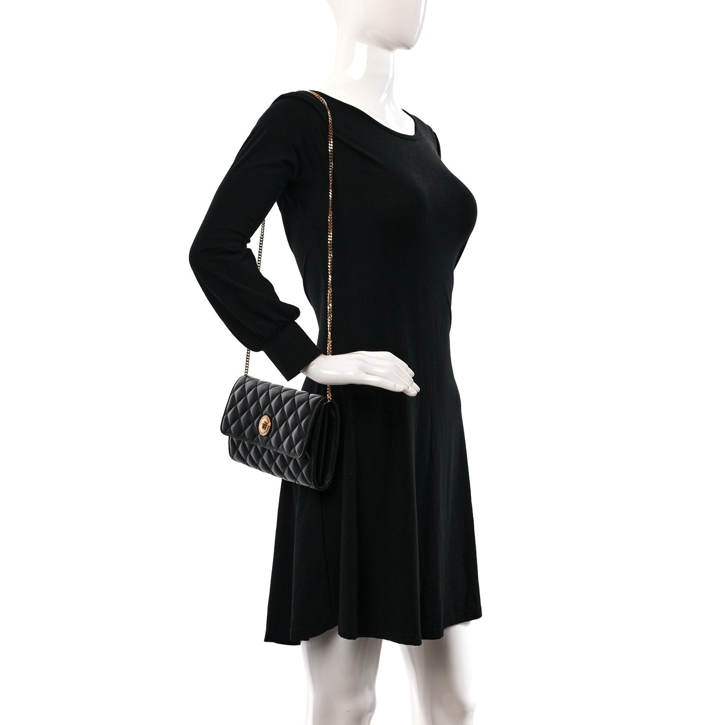 Lambskin Quilted Medusa Wallet on Chain Crossbody Black