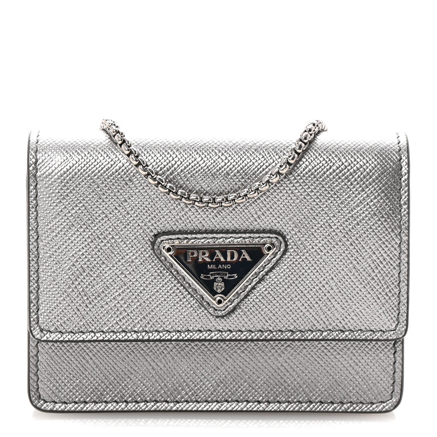 Prada Metallic Saffiano Triangle Accordion Card Case with Chain Cromo 1 of 10