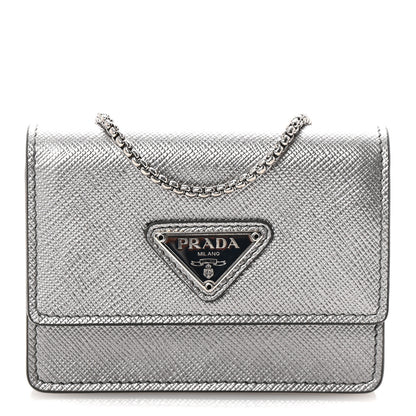 Prada Metallic Saffiano Triangle Accordion Card Case with Chain Cromo 1 of 10