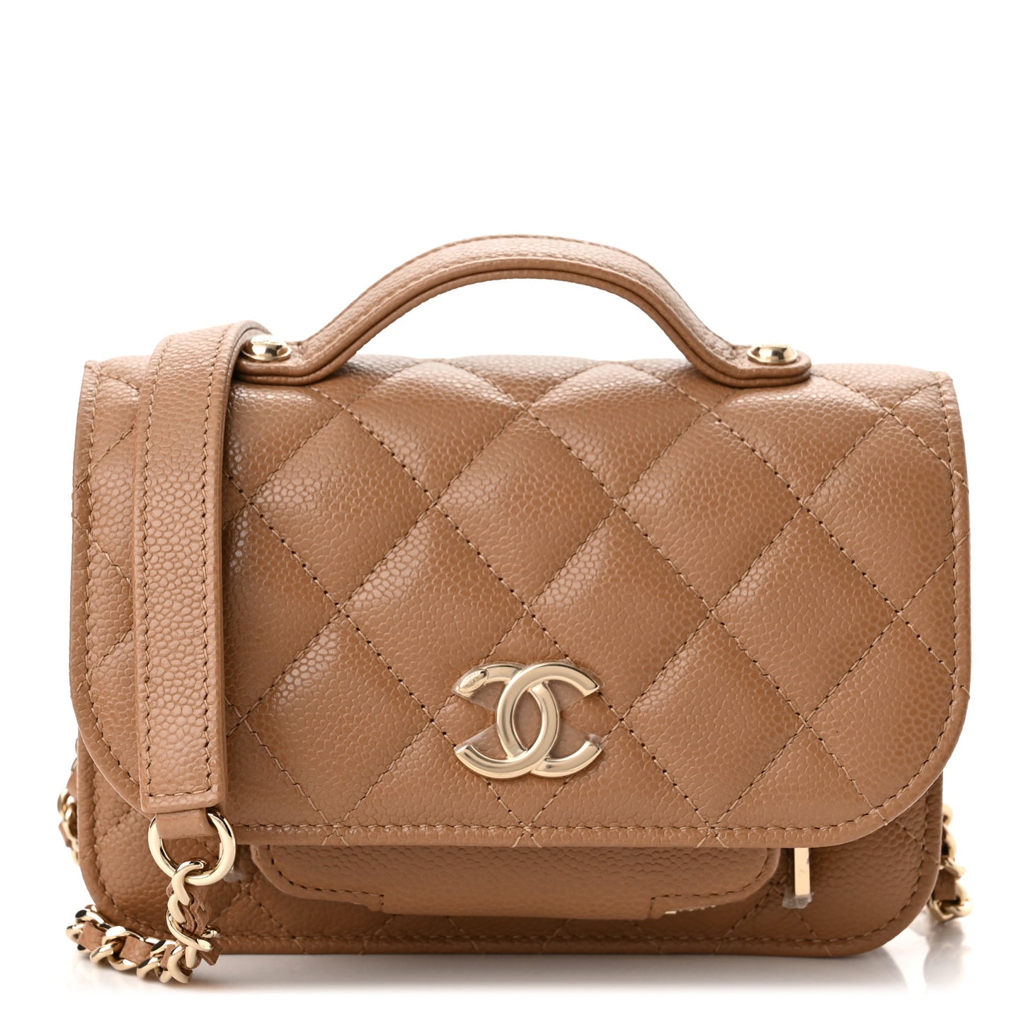 Caviar Quilted Business Affinity Clutch With Chain Flap Dark Beige