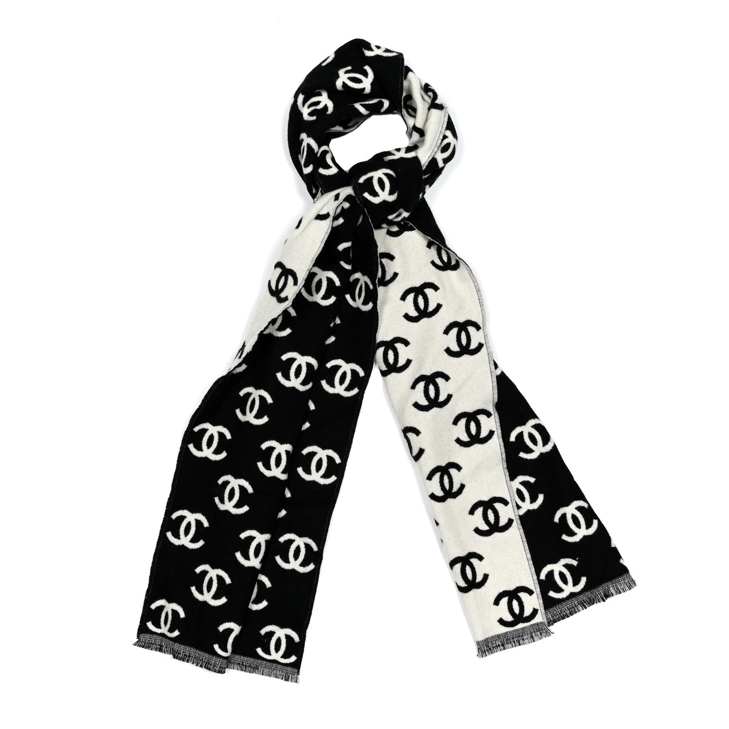 Chanel Wool Cashmere CC Scarf Black White 1 of 3