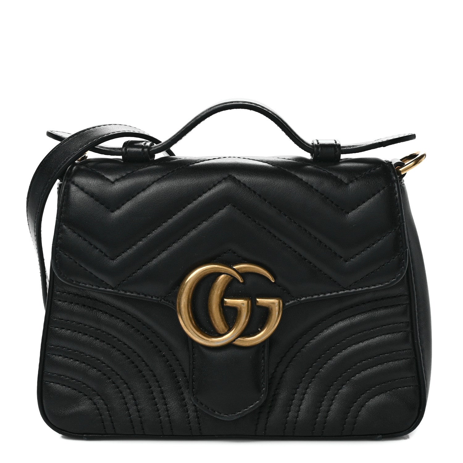 Gucci Calfskin Matelasse Mini GG Marmont Top Handle Shoulder Bag Black 1 of 11