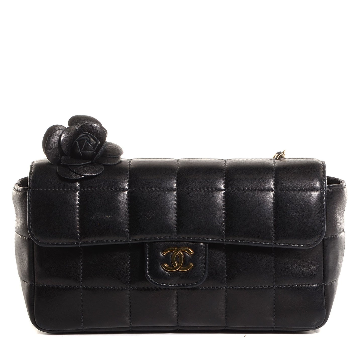 Lambskin Chocolate Bar Quilted Camellia Mini Flap Black