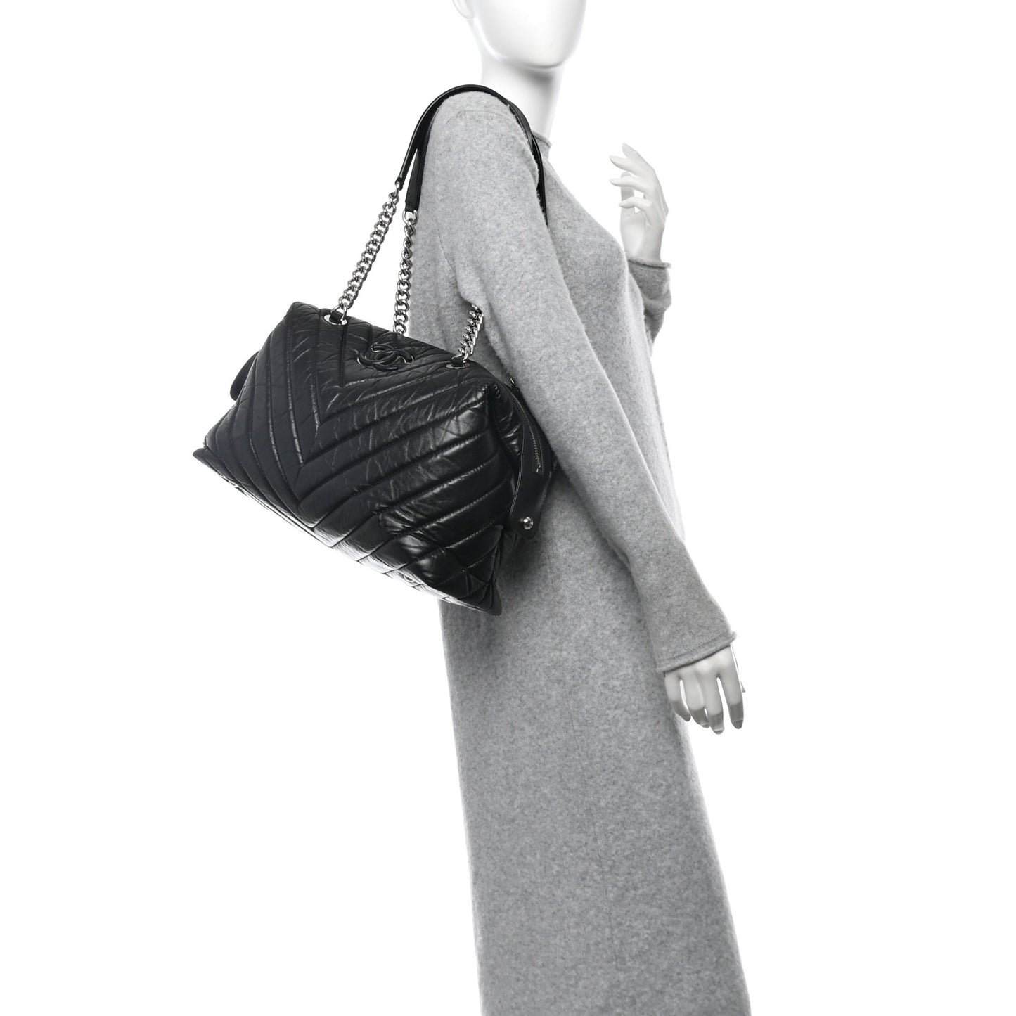 Aged Calfskin Chevron Quilted Bowling Bag Black