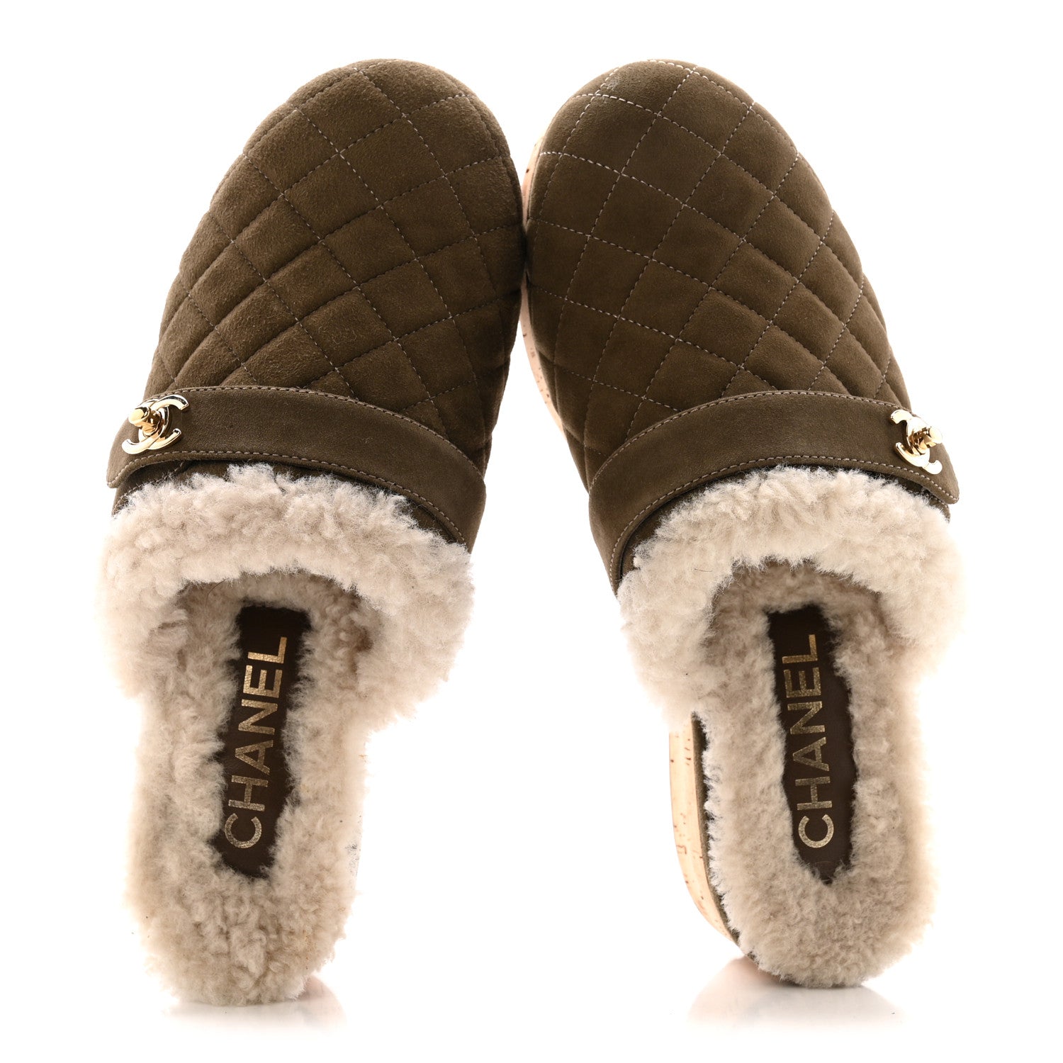 Chanel Suede Calfskin Shearling Turn Lock Clogs 38 Green 2 of 13