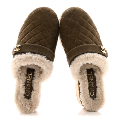 Chanel Suede Calfskin Shearling Turn Lock Clogs 38 Green 2 of 13