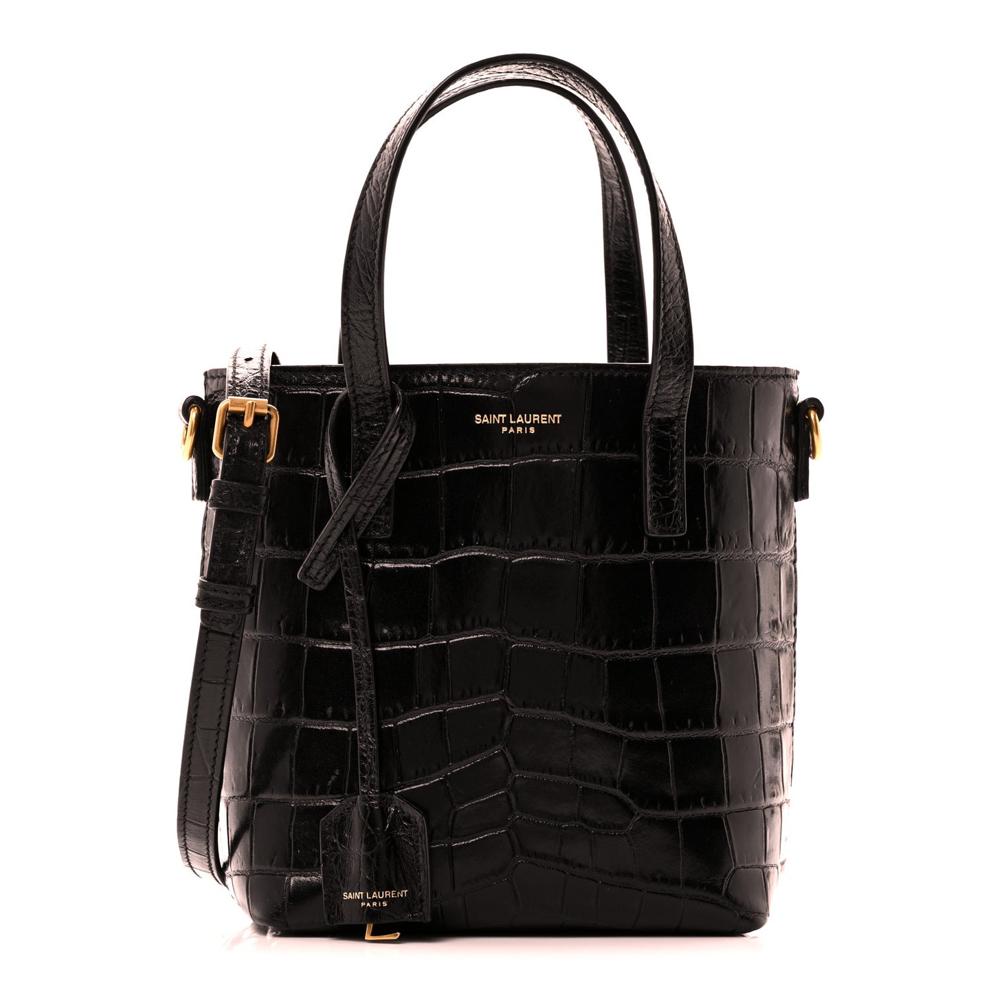 Calfskin Crocodile Embossed Paris Mini Toy Shopper Tote Black
