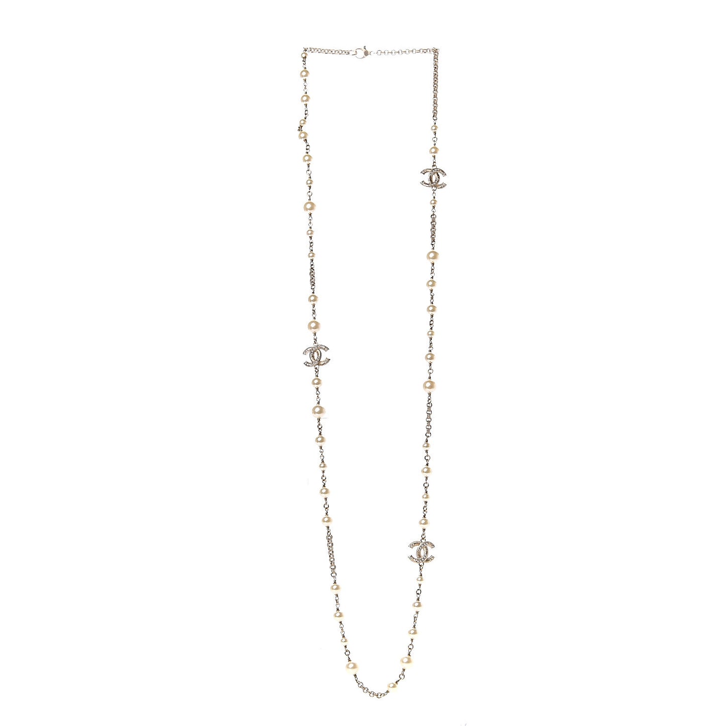 Crystal Pearl CC Long Necklace Gold