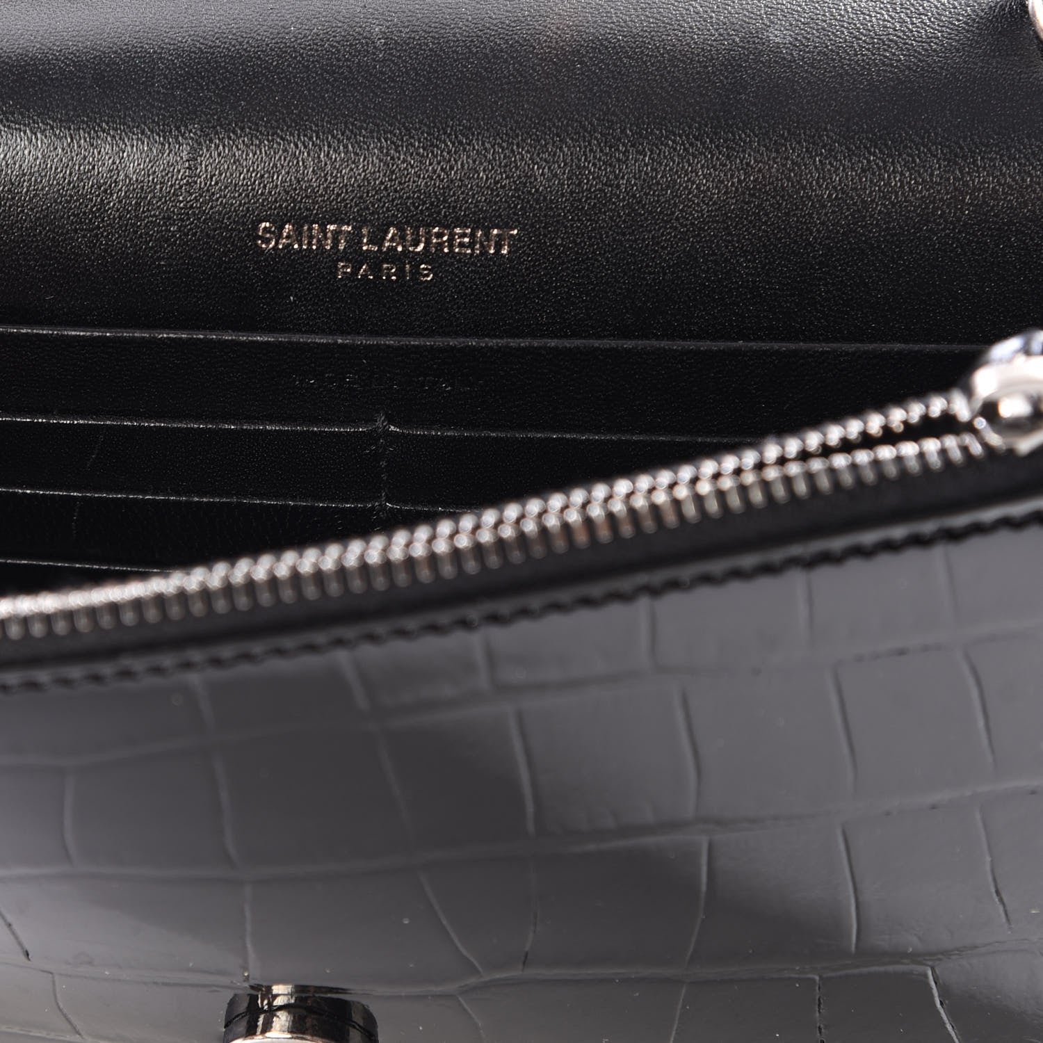 Saint Laurent Calfskin Crocodile Embossed Kate Monogram Tassel Chain Wallet Black 9 of 10