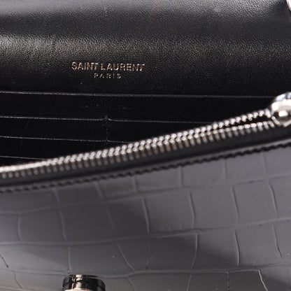 Saint Laurent Calfskin Crocodile Embossed Kate Monogram Tassel Chain Wallet Black 9 of 10