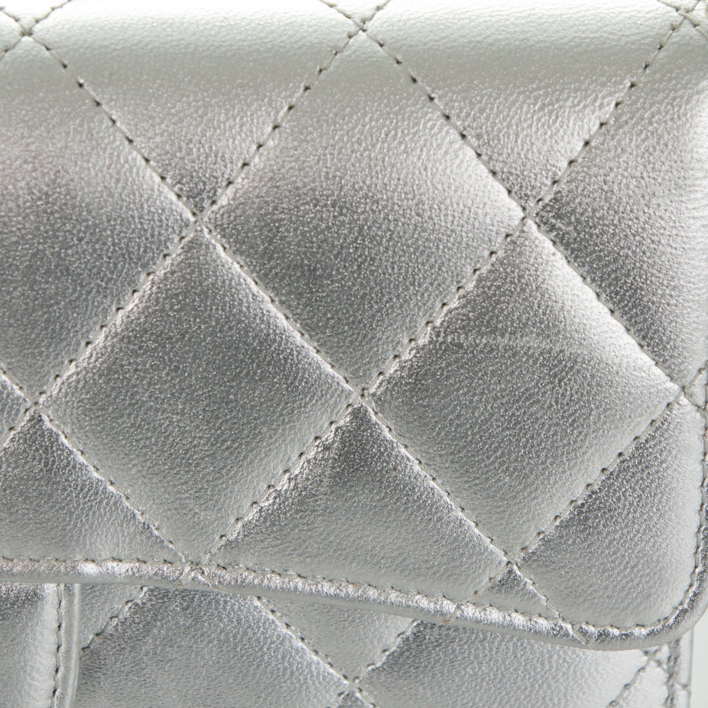 Metallic Lambskin Quilted Large Flap Wallet Silver
