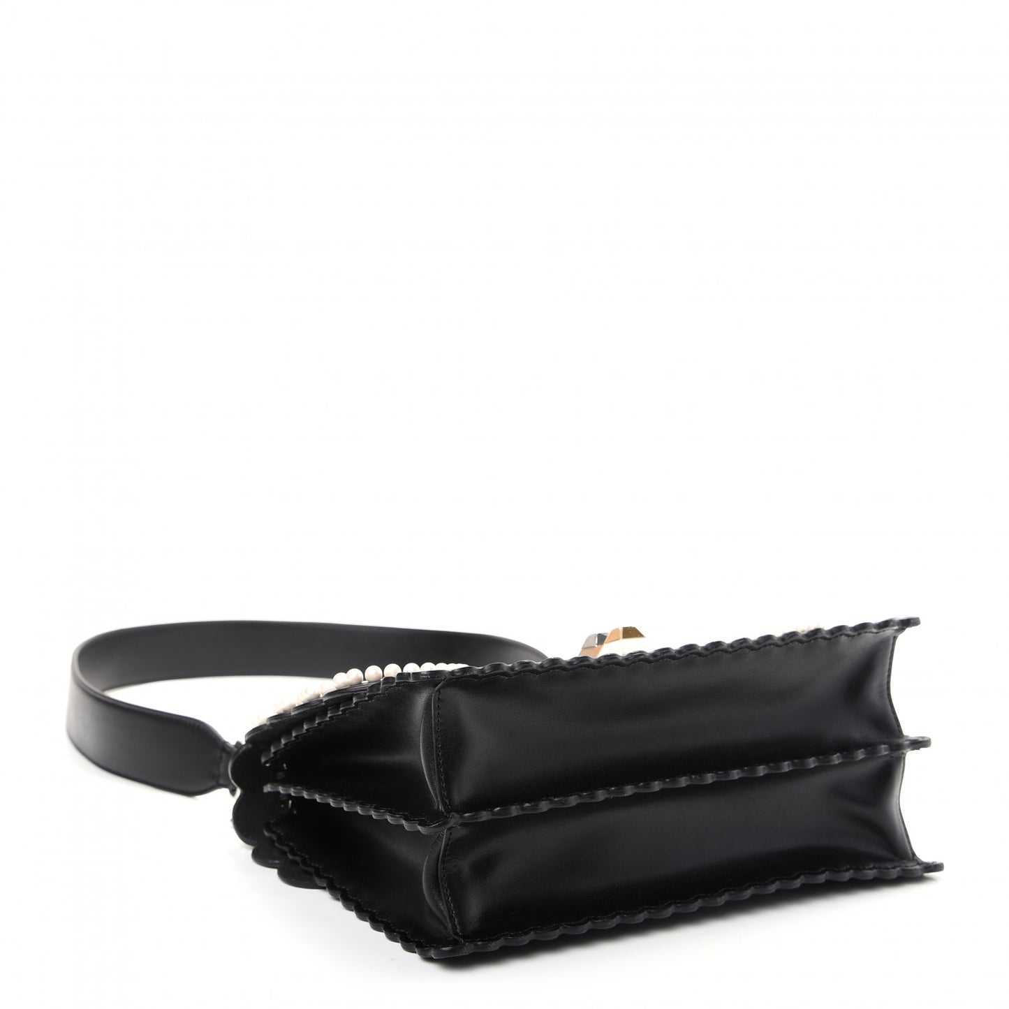 Vitello Liberty Pearl Bi-Color Flowers and Bows Scalloped Studded Kan I Shoulder Bag Black Camelia