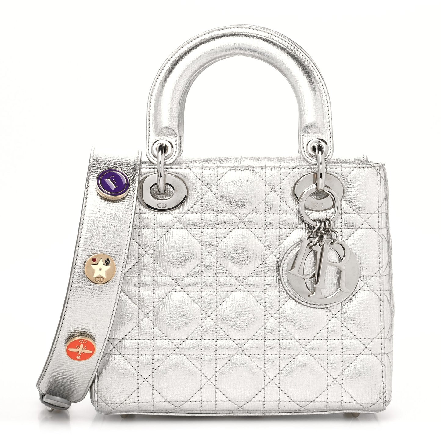 Metallic Grained Calfskin Cannage Small Lucky Badges My Lady Dior Silver