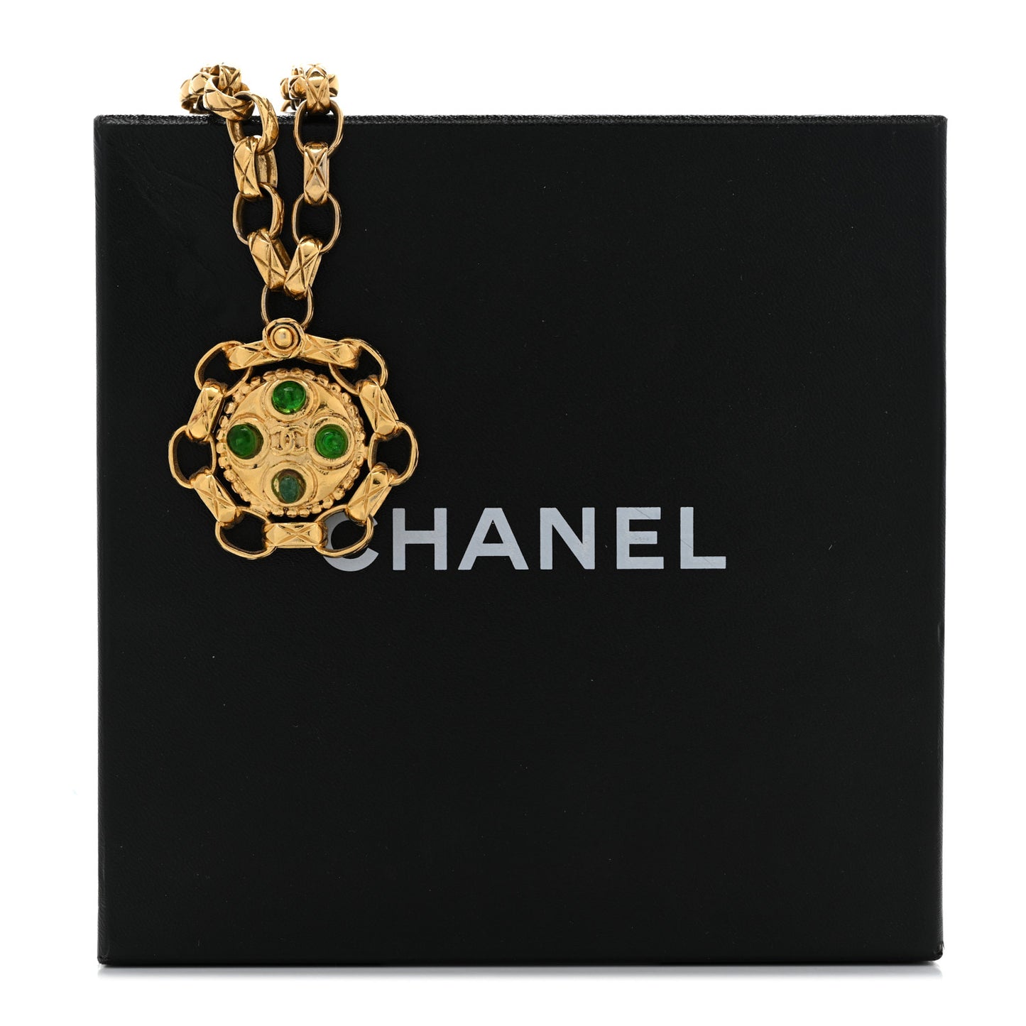 Crystal Gripoix Poured Glass Pendant Necklace Gold Green