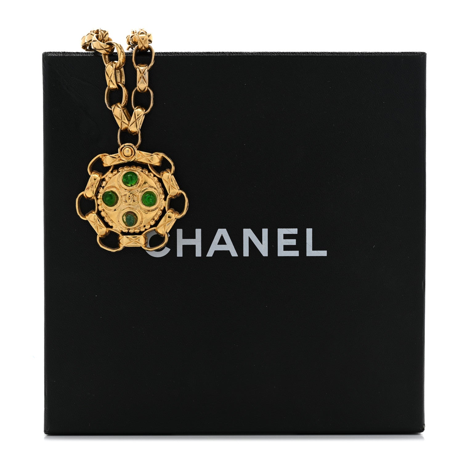 Chanel Crystal Gripoix Poured Glass Pendant Necklace Gold Green 8 of 8