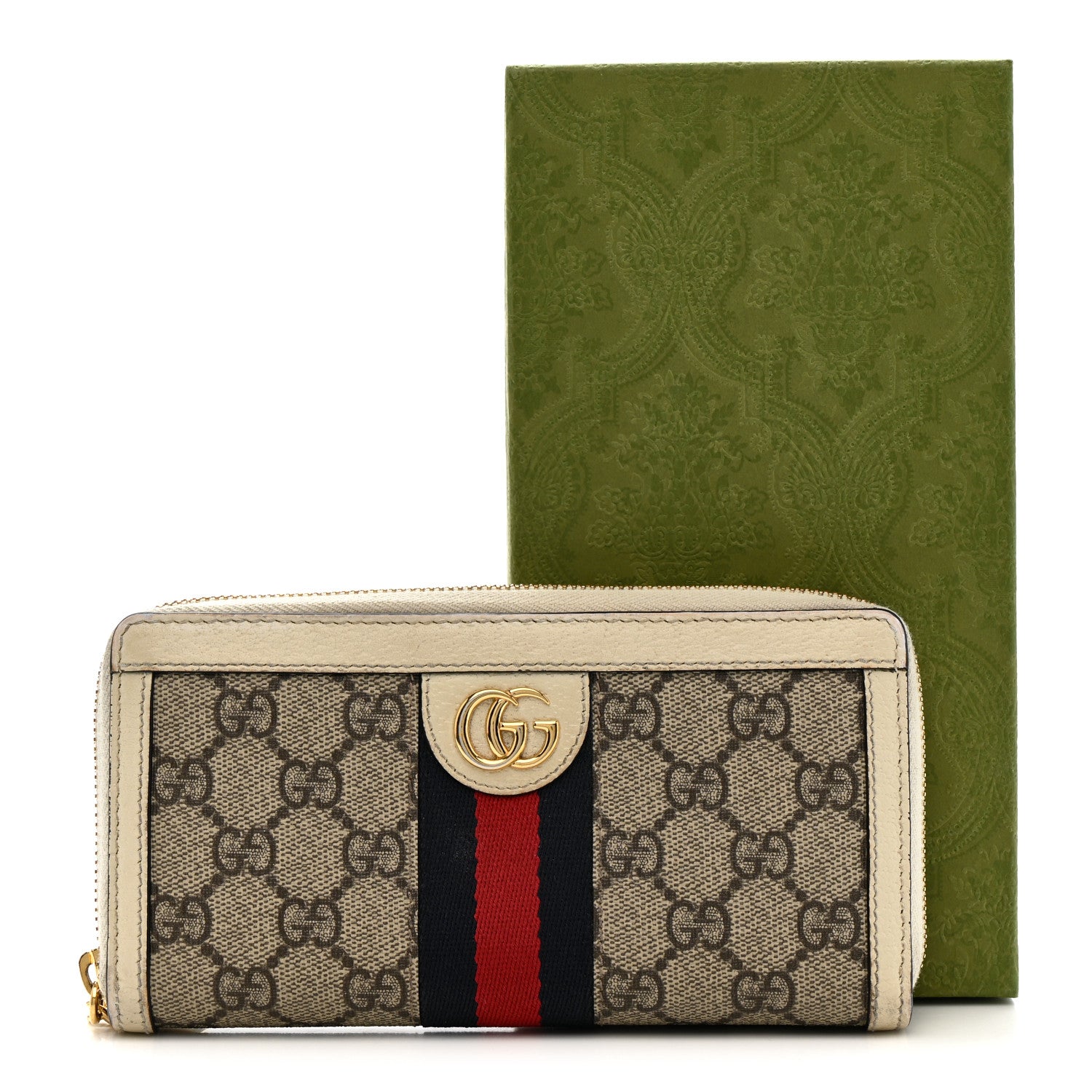 Gucci GG Supreme Monogram Textured Dollar Calfskin Web Ophidia Zip Around Wallet Beige Ebony Mystic White 13 of 13