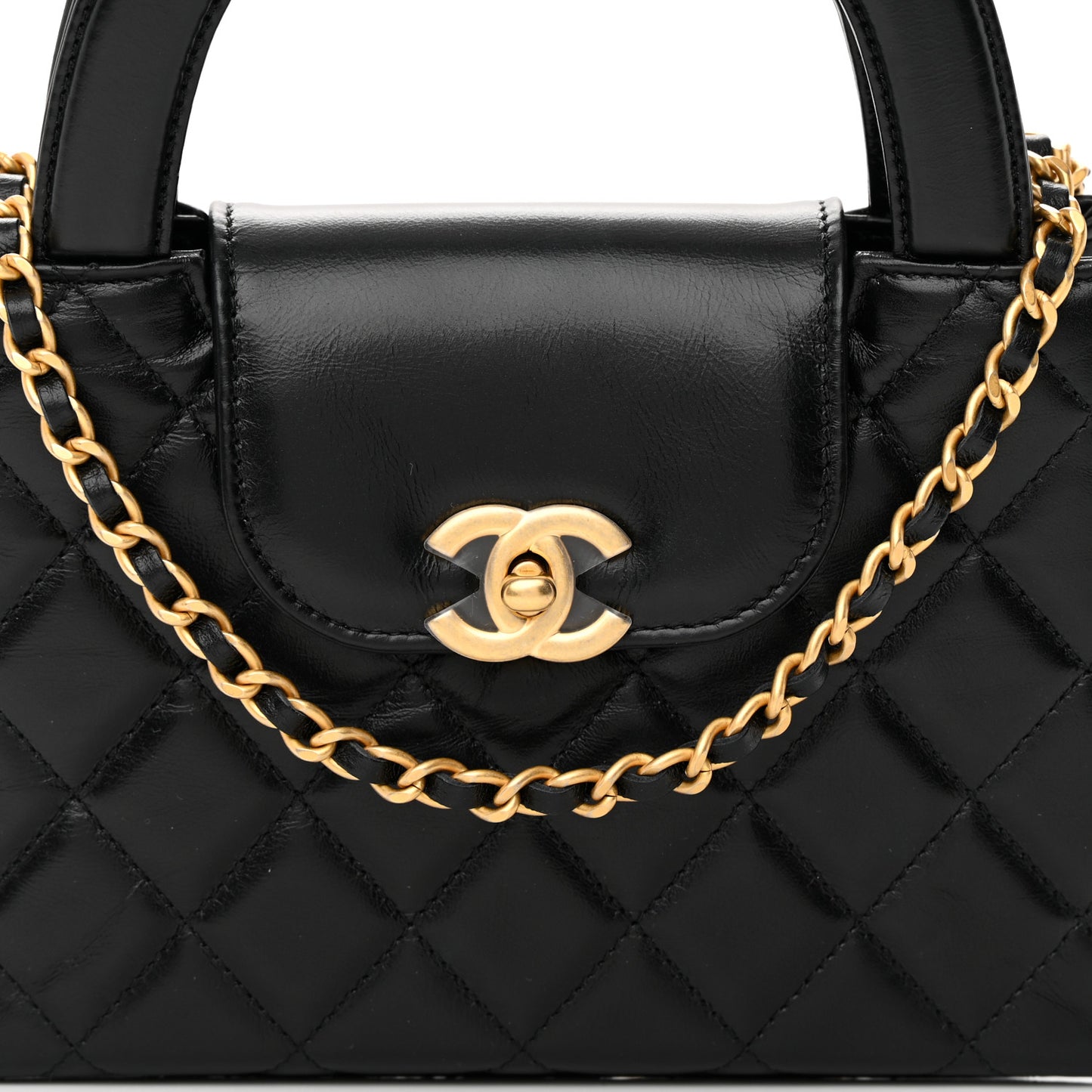 Shiny Aged Calfskin Quilted Nano Kelly Shopper Black