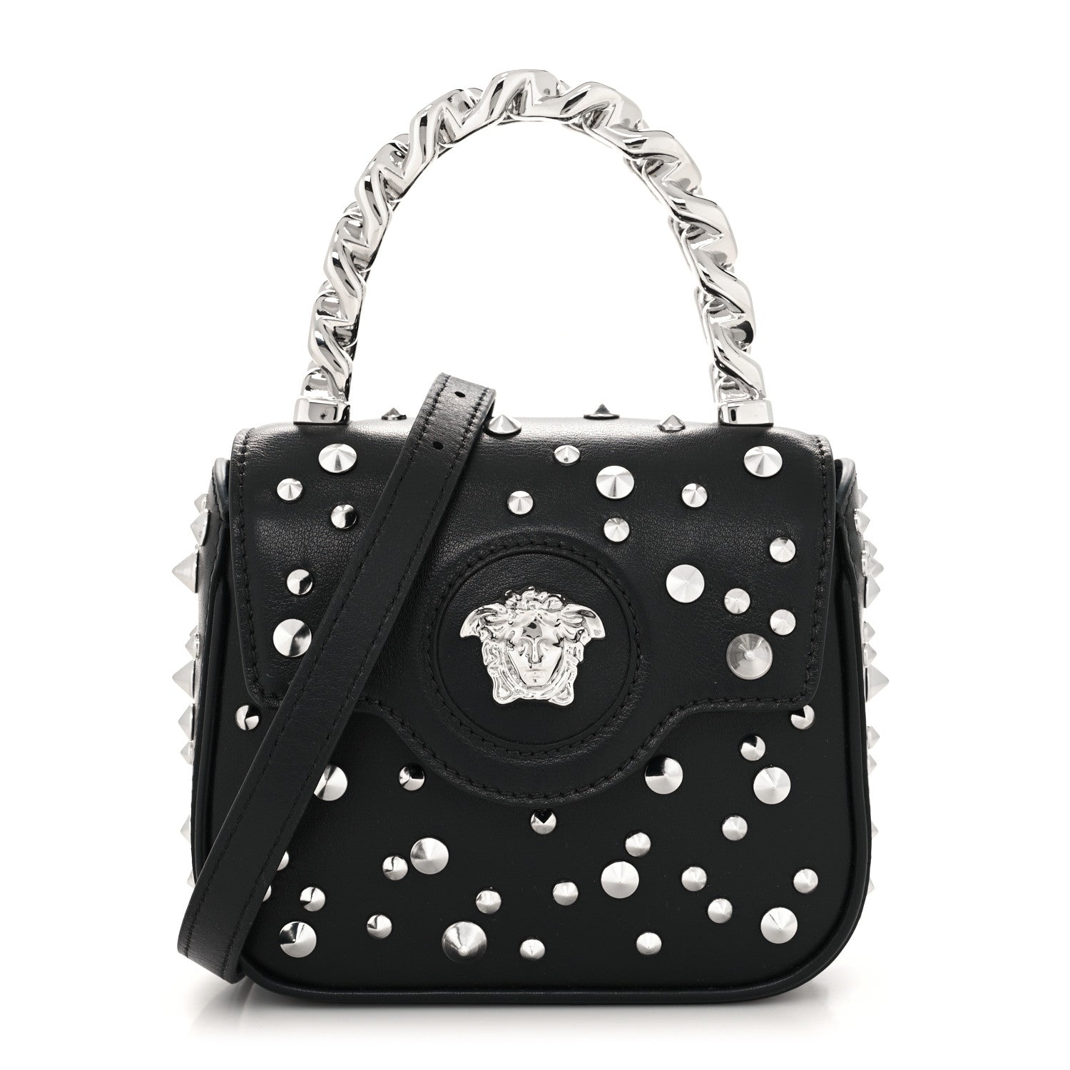 Versace Grained Calfskin Spiked Micro La Medusa Bag Black 1 of 9
