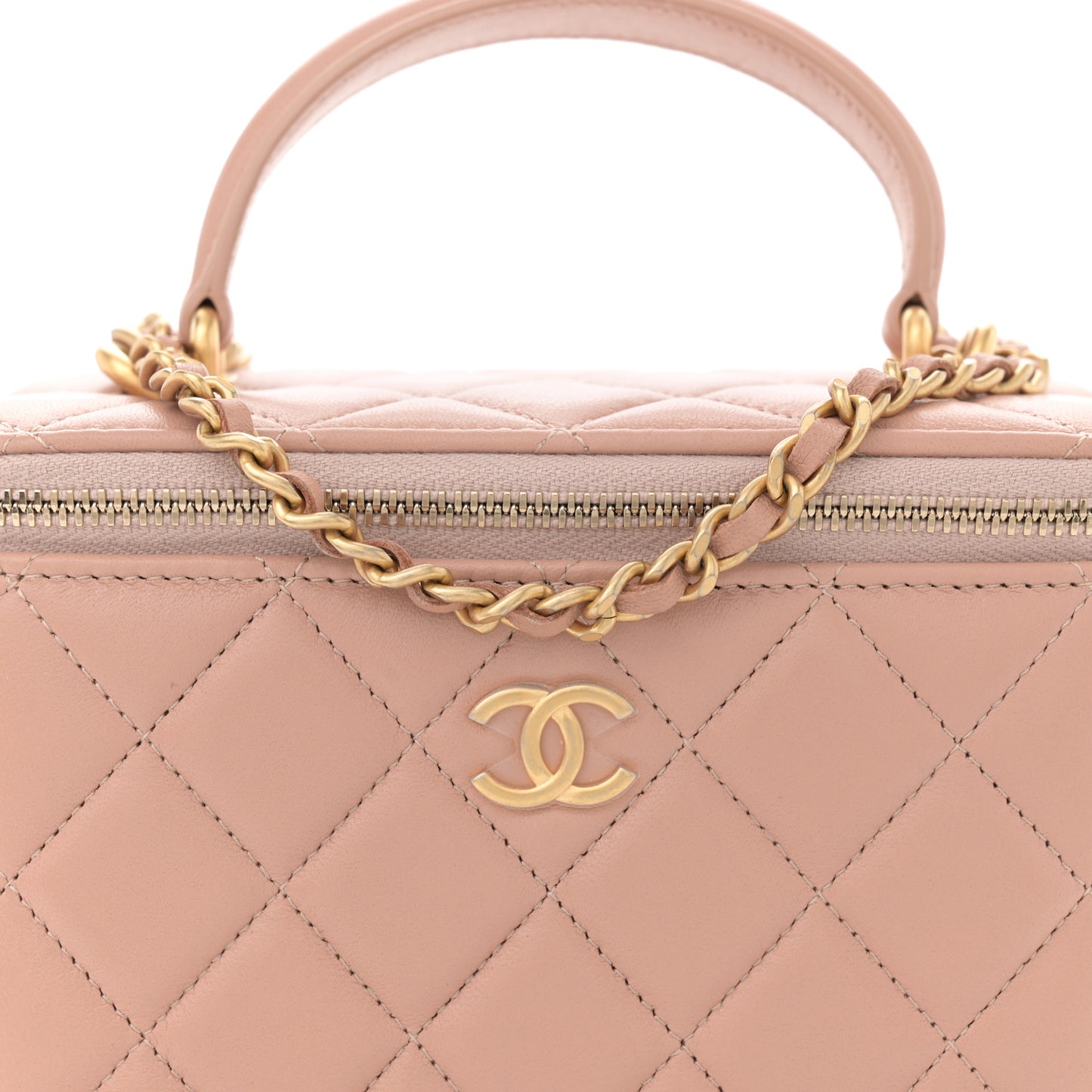 Lambskin Quilted Small Top Handle Vanity Case With Chain Beige