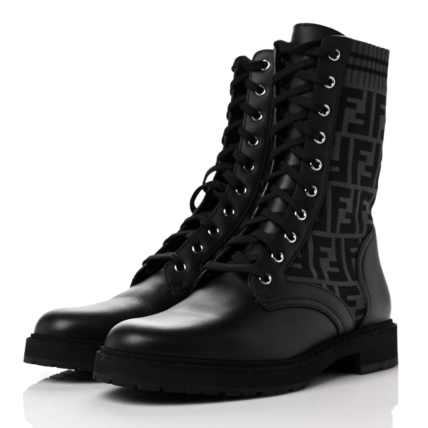 Calfskin Stretch Fabric FF Rockoko Biker Boots 40 Black Charcoal