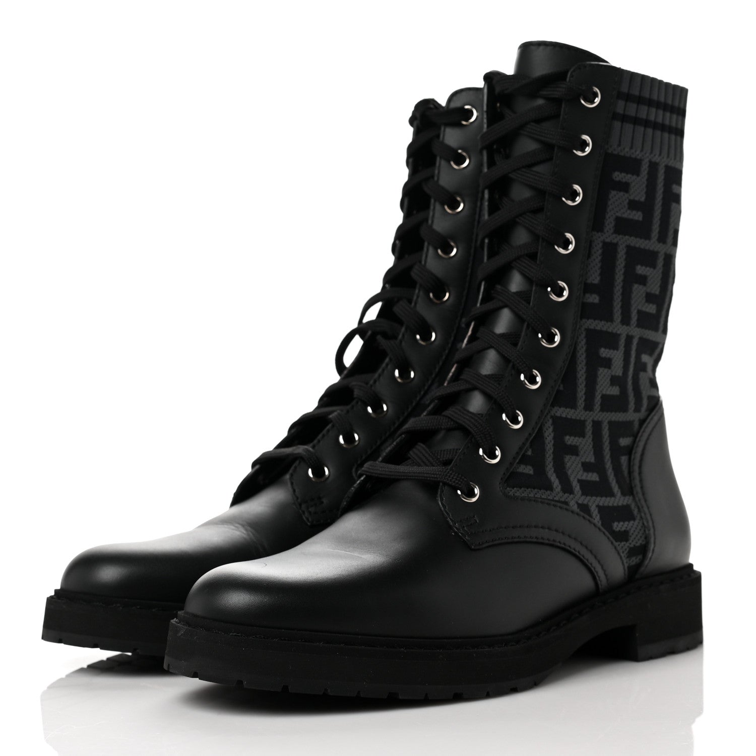 Fendi Calfskin Stretch Fabric FF Rockoko Biker Boots 40 Black Charcoal 3 of 8