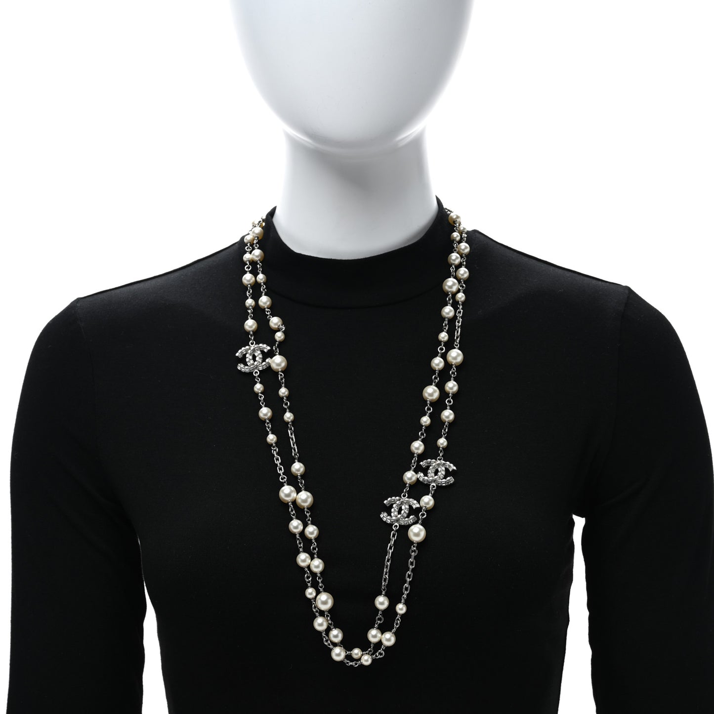 Pearl Baguette Crystal CC Long Necklace Silver