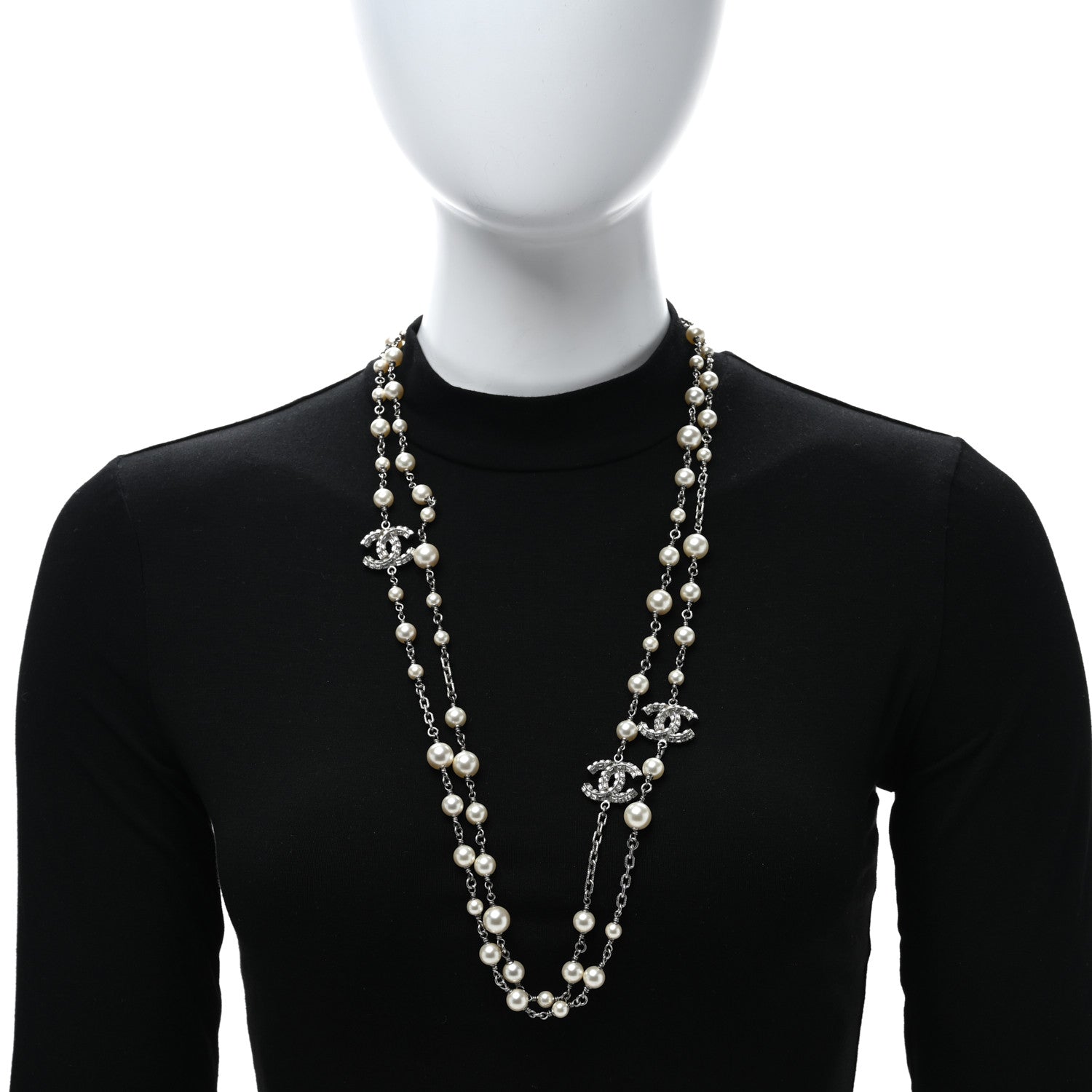 Chanel Pearl Baguette Crystal CC Long Necklace Silver 3 of 4