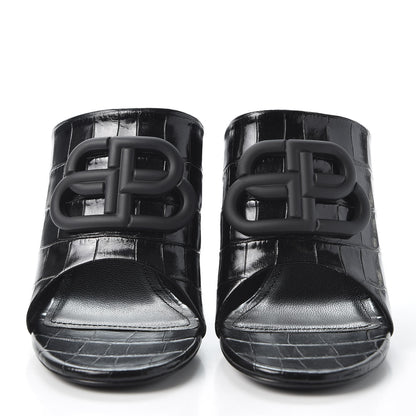 Balenciaga Calfskin Croc Embossed Oval BB 90mm Slide Sandals 36.5 Black 3 of 10