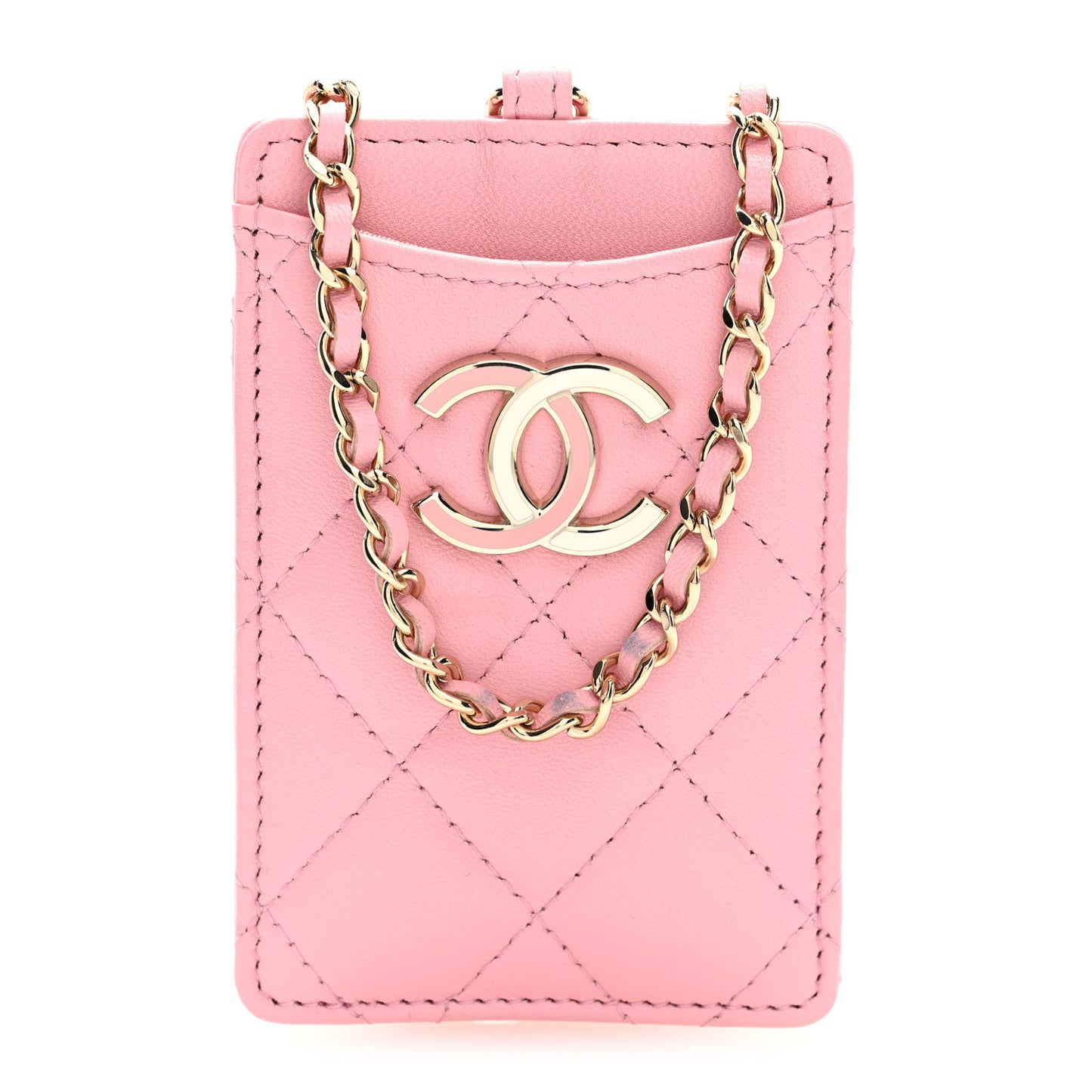 Lambskin Quilted Chanel Card Holder On Chain Pink