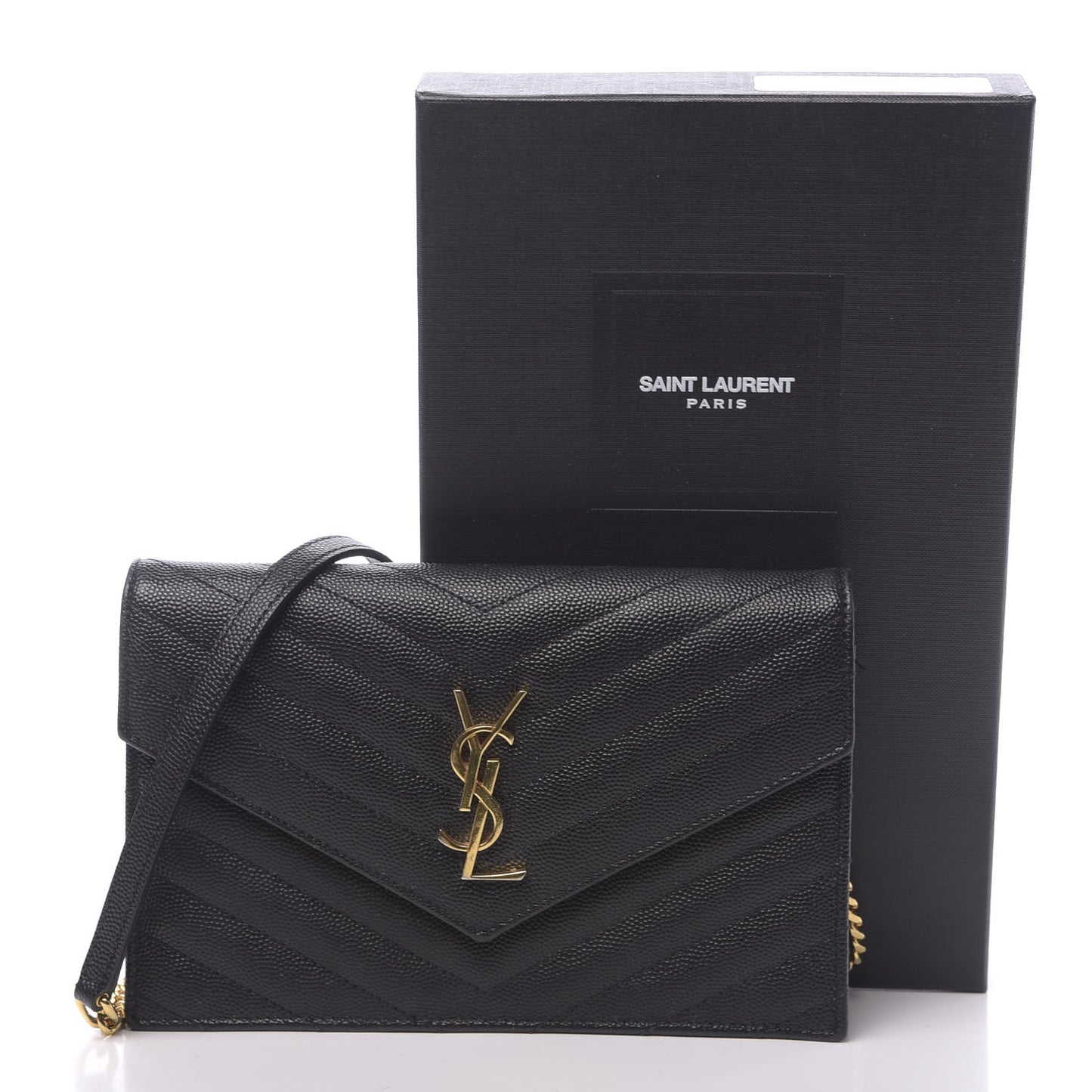 Grain De Poudre Matelasse Chevron Monogram Envelope Chain Wallet Black