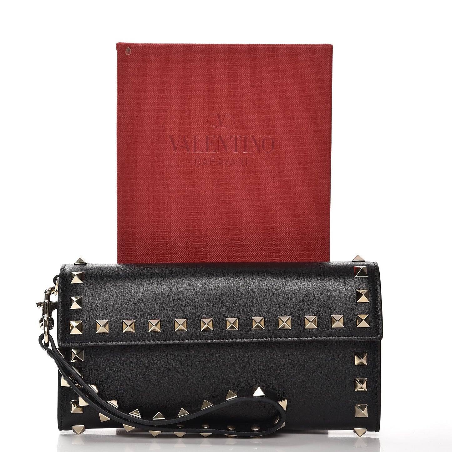 Calfskin Rockstud Wristlet Travel Wallet Black