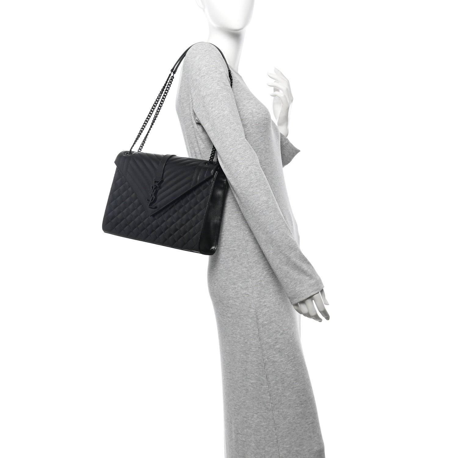 Saint Laurent Grain De Poudre Textured Mixed Matelasse Large Triquilt Monogram Monochrome Satchel Black 2 of 9