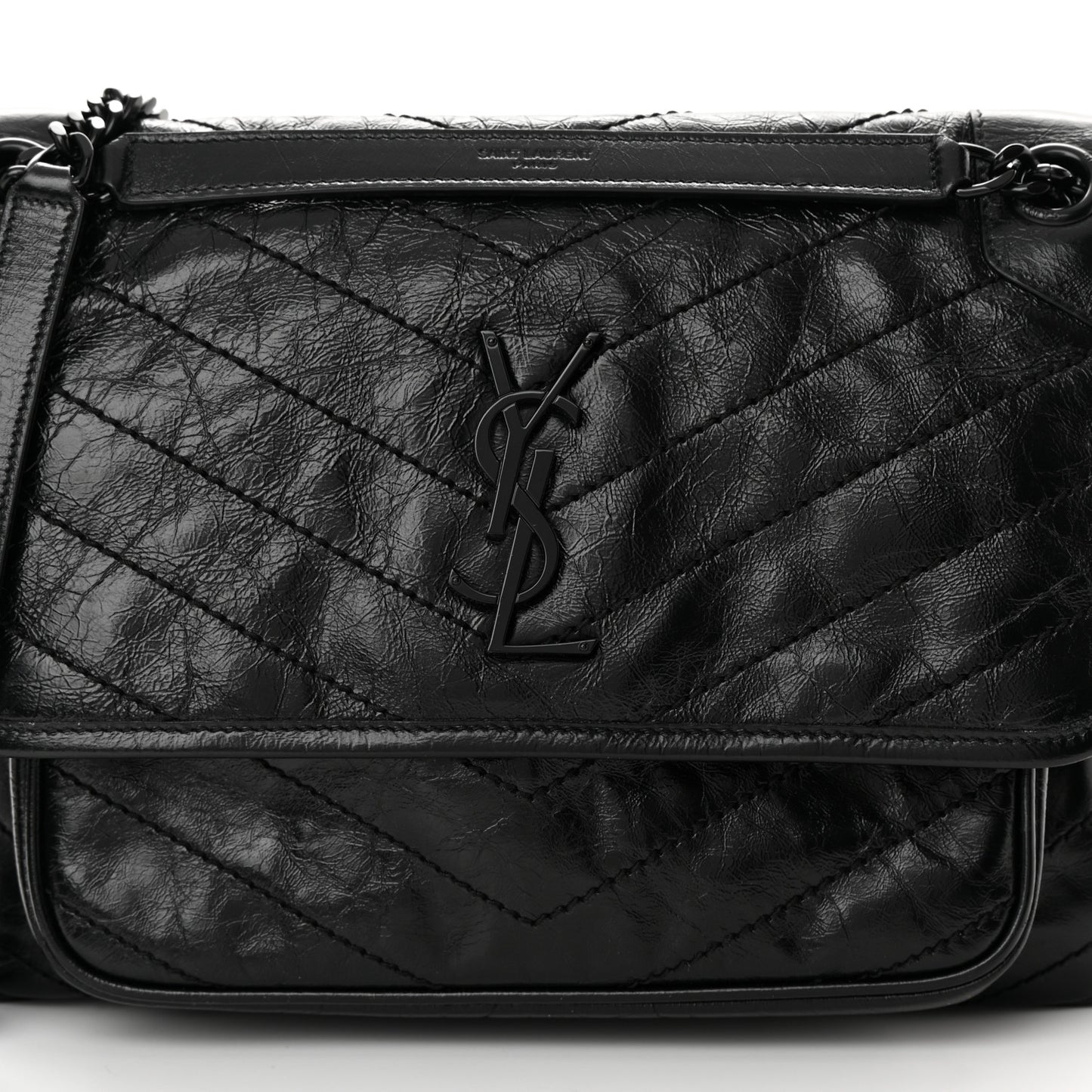 Crinkled Calfskin Matelasse Monogram Medium Niki Chain Satchel Black