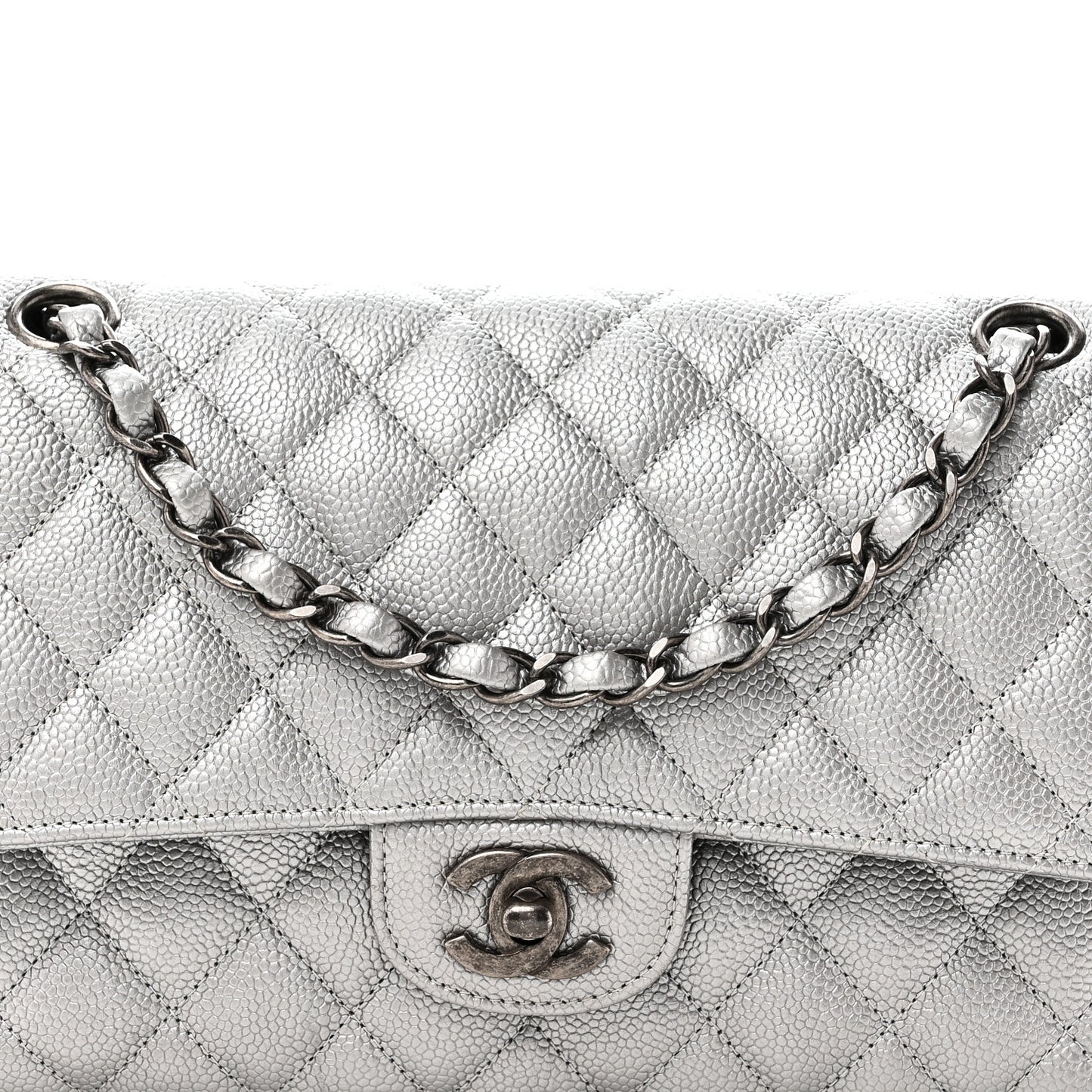 Metallic Caviar Quilted Medium Double Flap Silvery
