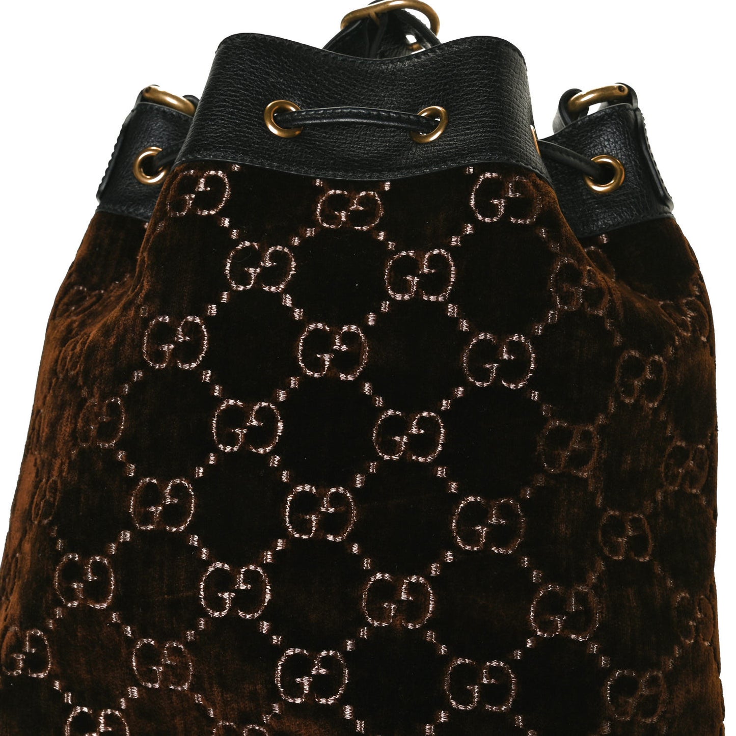 Velvet GG Monogram Textured Calfskin Web Bucket Bag Brown Black
