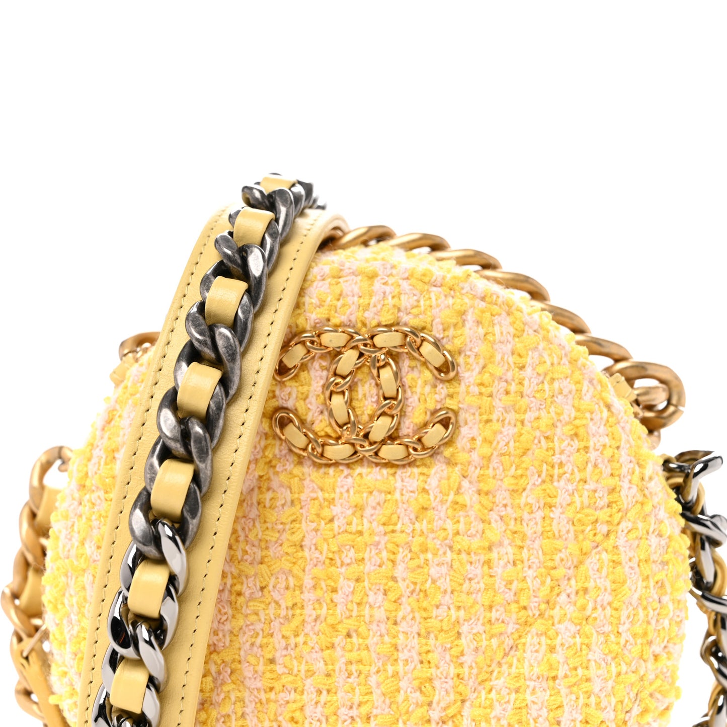 Wool Tweed Lambskin Quilted Chanel 19 Round Clutch With Chain Yellow Pink