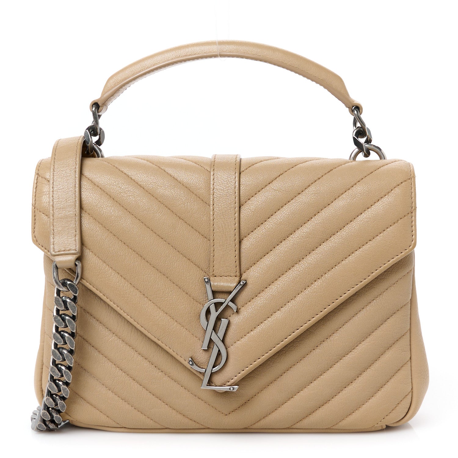 Saint Laurent Sheepskin Matelasse Chevron Monogram Medium College Bag Dark Beige 1 of 12