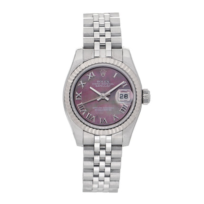 Rolex Stainless Steel 18K White Gold Black Mother of Pearl 26mm Oyster Perpetual Datejust Watch Roman 179174 1 of 4