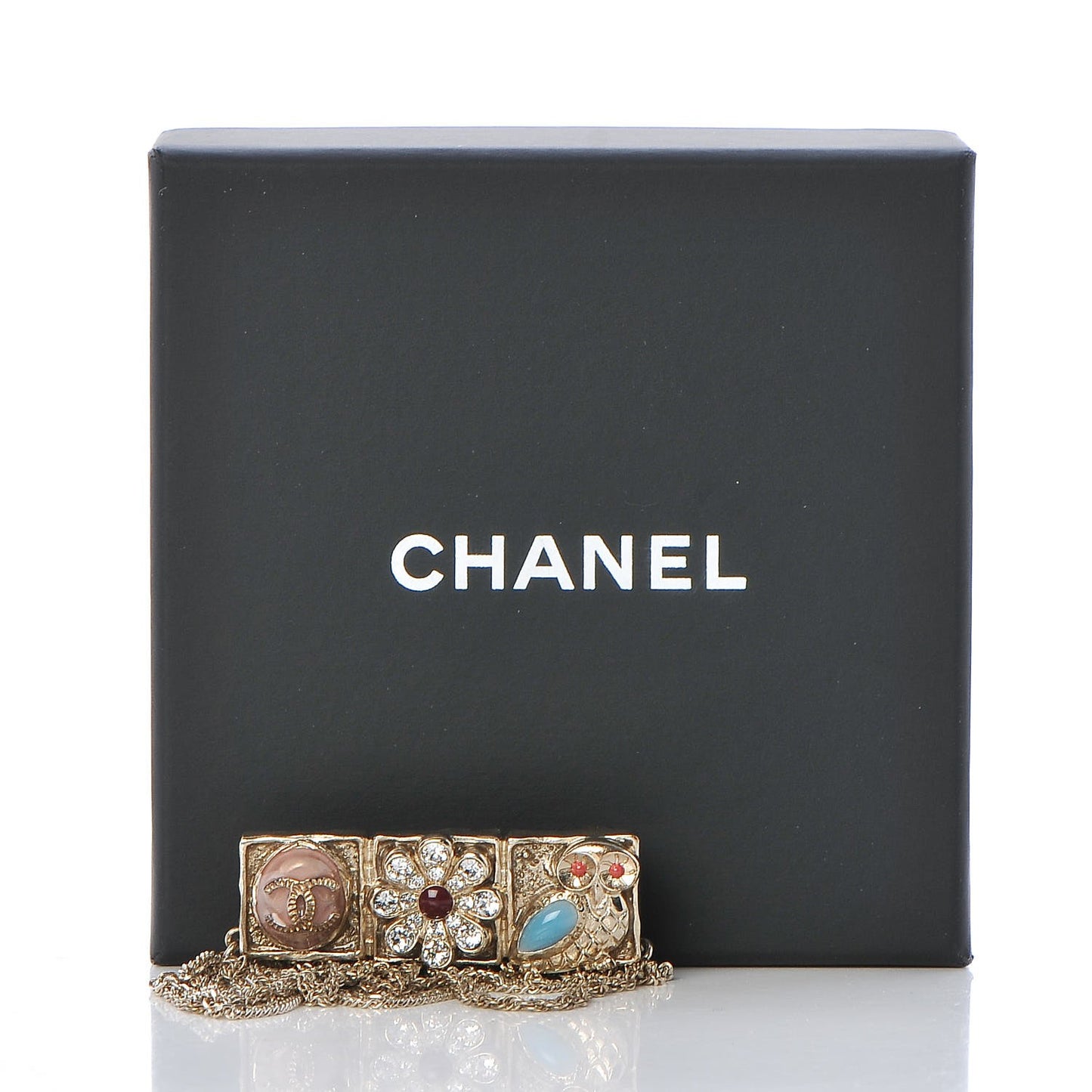 Enamel Crystal Multi Strand Chain Brooch Gold