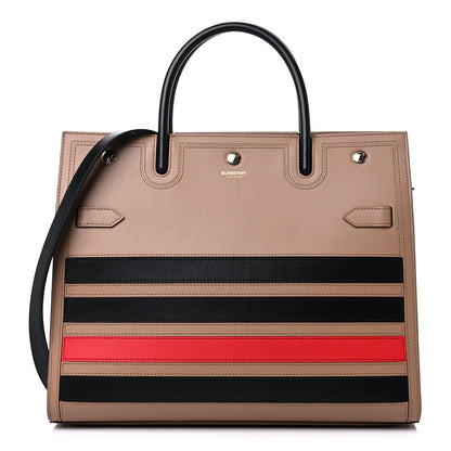 Burberry Smooth Calfskin Stripe Medium Two Handle Title Bag Camel Black Red 1 of 11