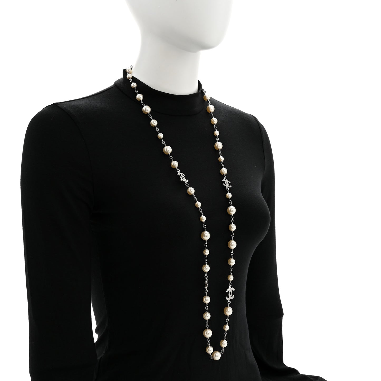 Metal Pearl Crystal Bead CC Long Necklace Black Silver